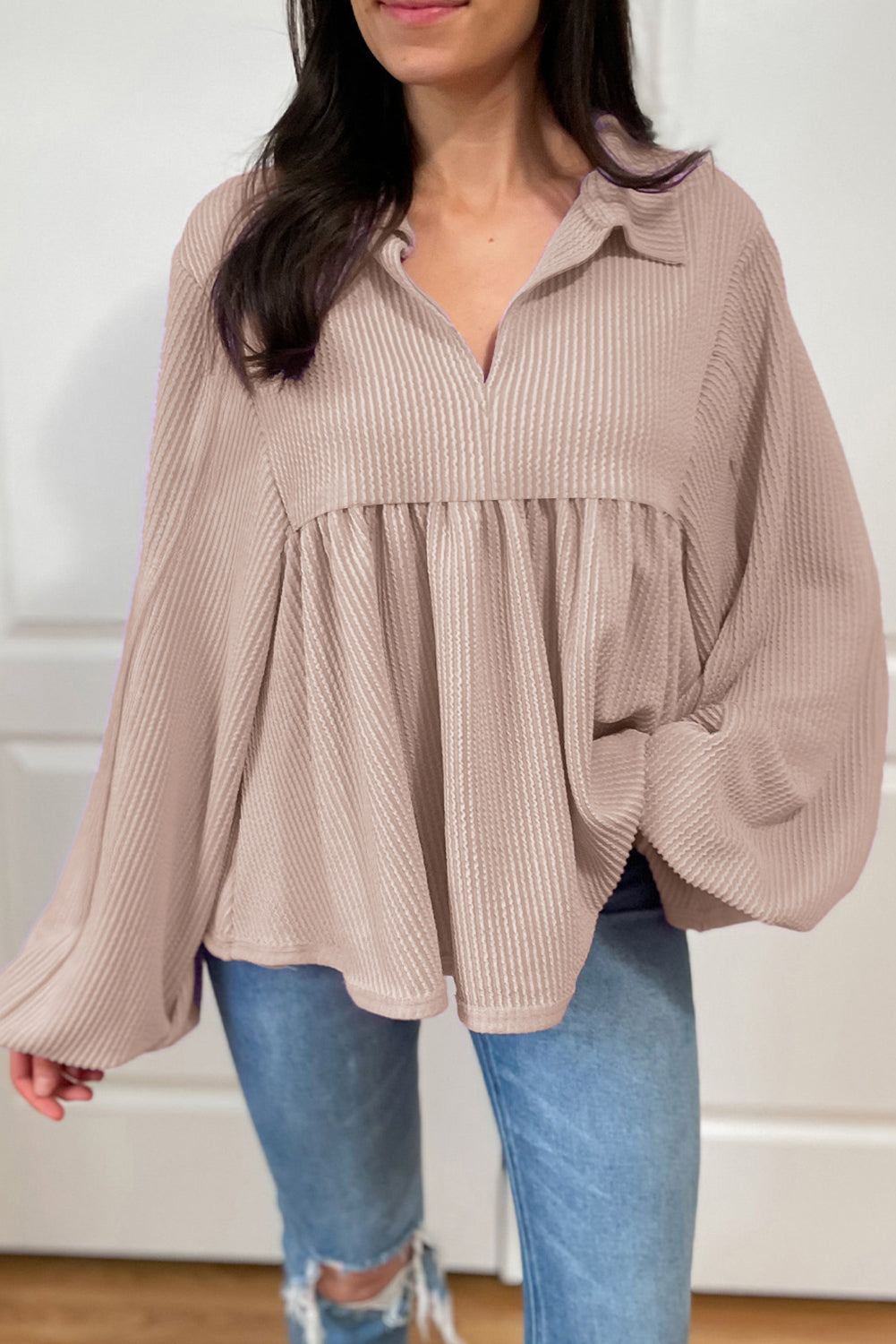 Parchment Corded Turn-down V Neck Bubble Sleeve Babydoll Blouse-Chaelisa's New Jammies