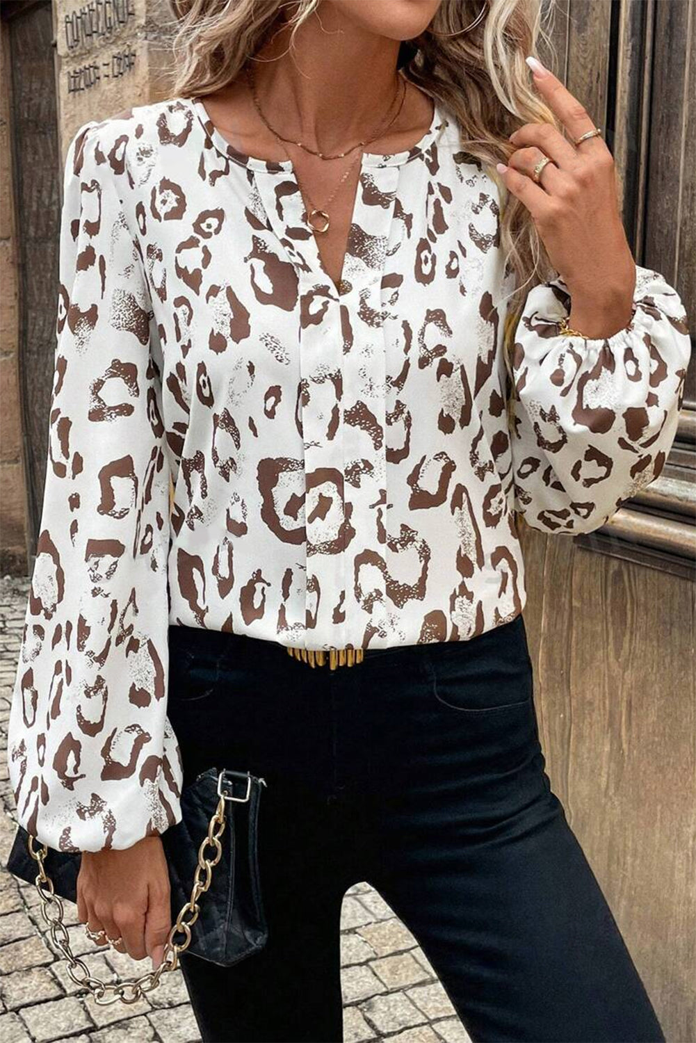Khaki Leopard Print Split Neck Balloon Sleeve Blouse-Chaelisa's New Jammies
