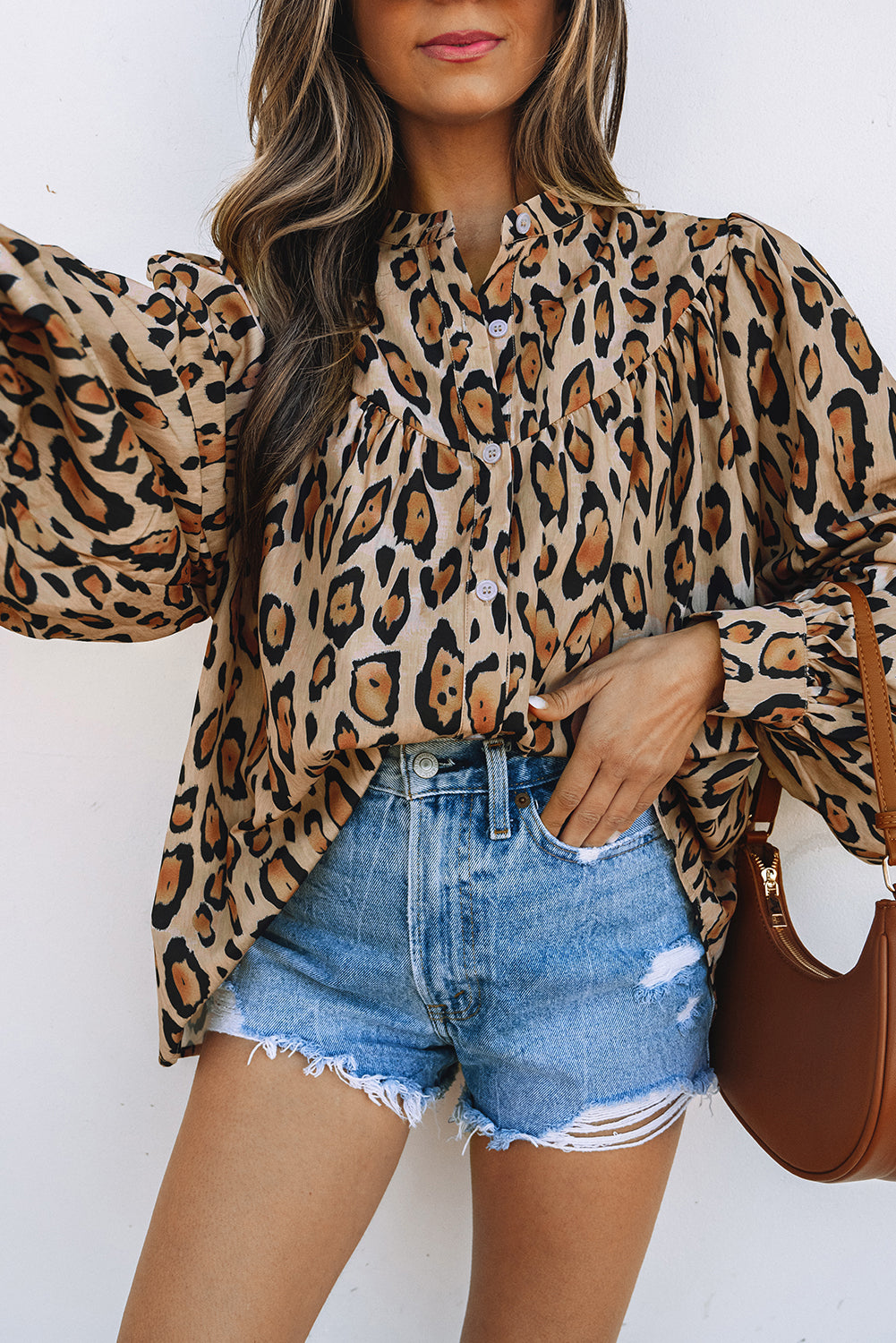Light French Beige Oversized Leopard Print Balloon Sleeve Casual Shirt-Chaelisa's New Jammies