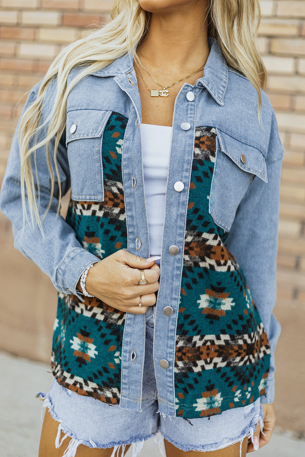Blue Aztec Printed Denim Jacket-Chaelisa's New Jammies