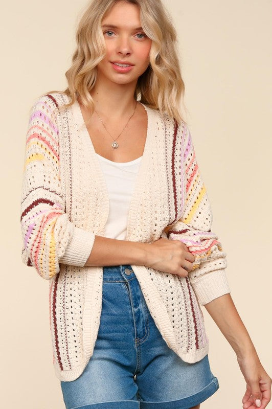 Haptics Full Size Striped Crochet Open Front Cardigan-Chaelisa's New Jammies