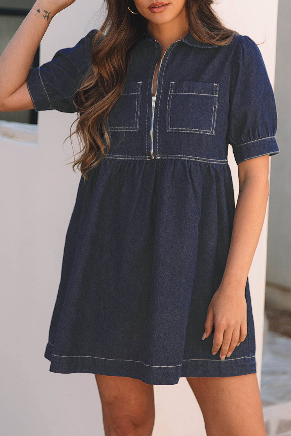 Dirty blue Zipped up Bodice Collared Short Puff Sleeve Denim Dress-Chaelisa's New Jammies
