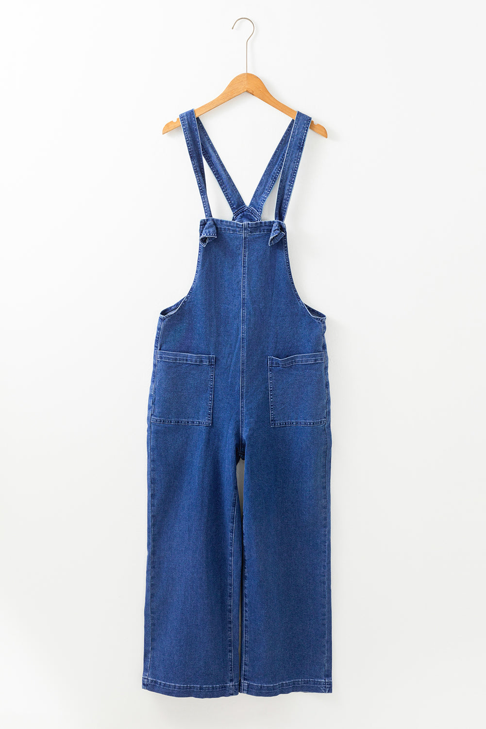 Prussian Blue Mineral Wash Knotted Strap Patched Pocket Wide Leg Denim Overalls-Chaelisa's New Jammies