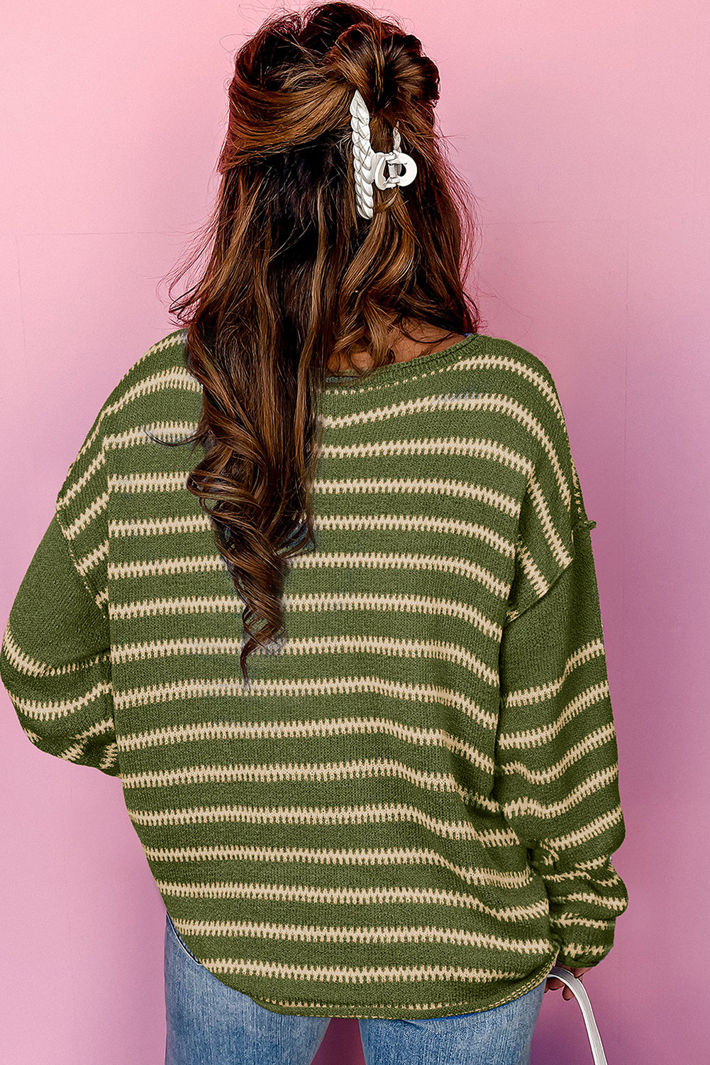 Green Stripe Drop Shoulder Casual Sweater-Chaelisa's New Jammies
