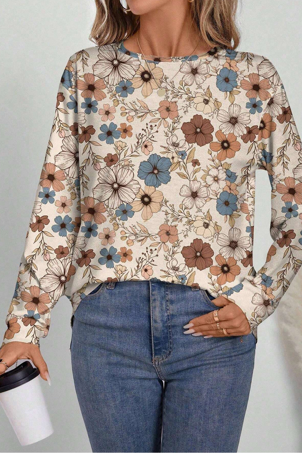 Khaki Floral Print Loose Crew Neck Long Sleeve T Shirt-Chaelisa's New Jammies