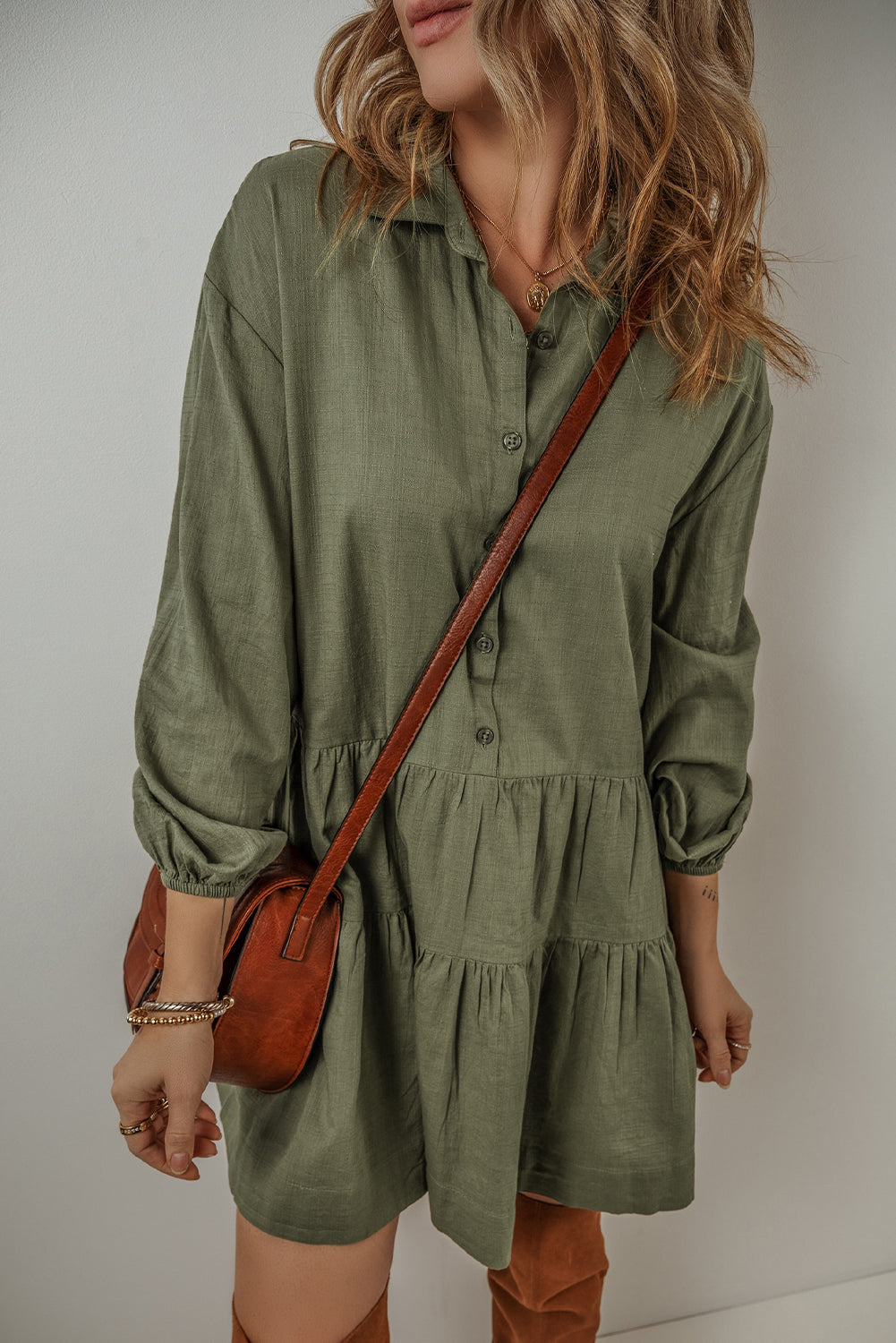 Jungle Green Puff Sleeve Buttoned Tiered Pleated Shirt Mini Dress-Chaelisa's New Jammies