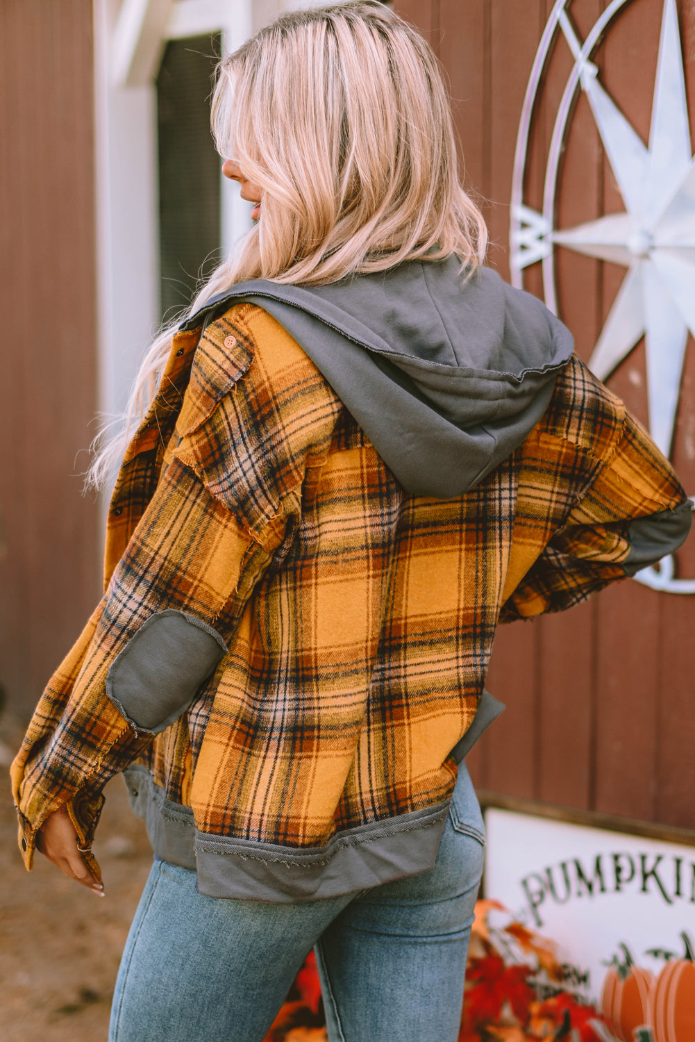 Orange Plaid Patch Hooded Frayed Snap Button Jacket-Chaelisa's New Jammies