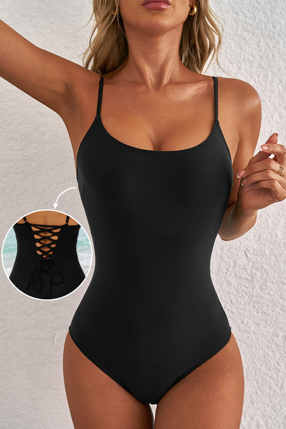 Black Thin Strap Strappy Lace-up Open Back One Piece Swimsuit-Chaelisa's New Jammies