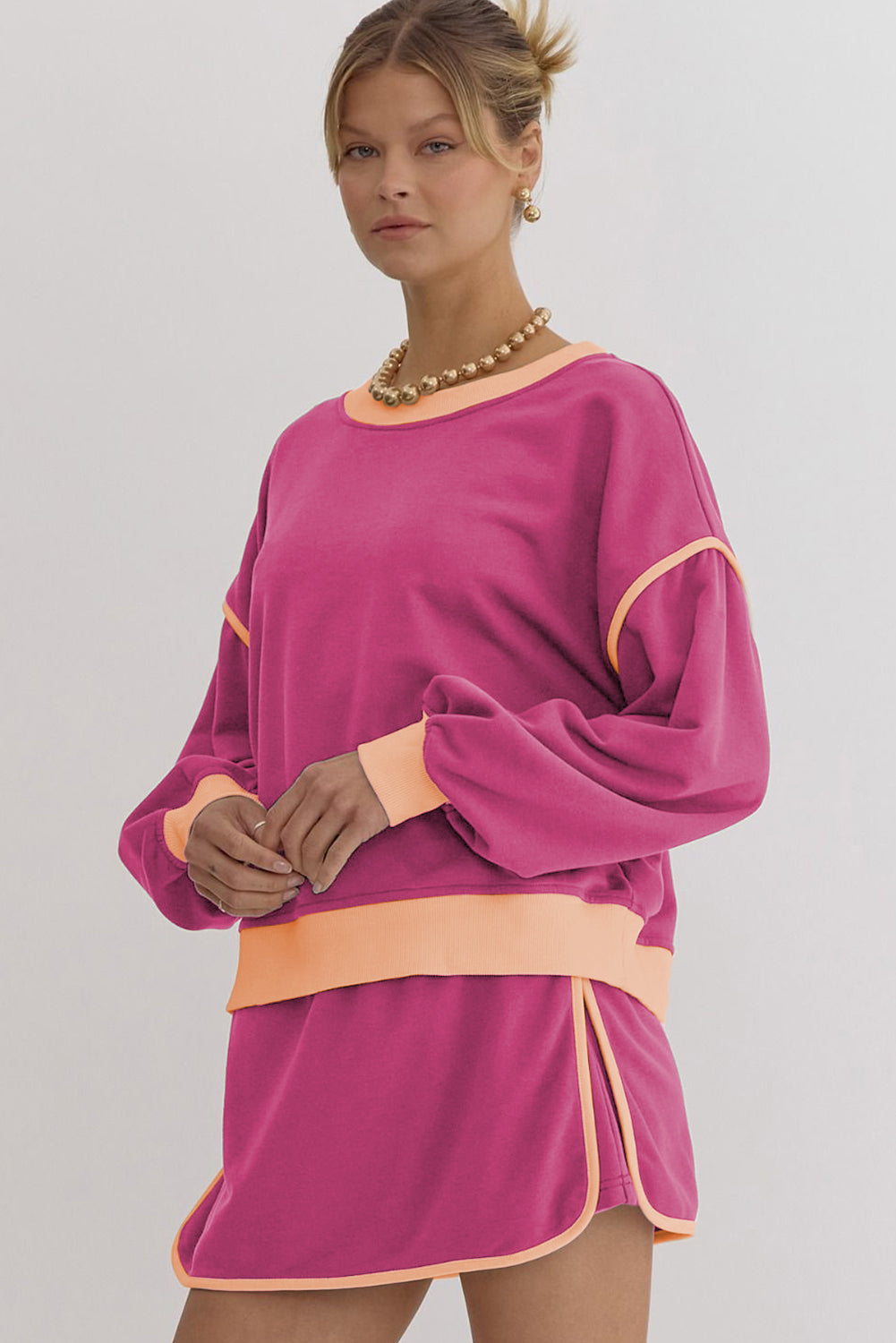 Rose Red Color Contrast Loose Pullover and Lace-up Waist Skort Set-Chaelisa's New Jammies