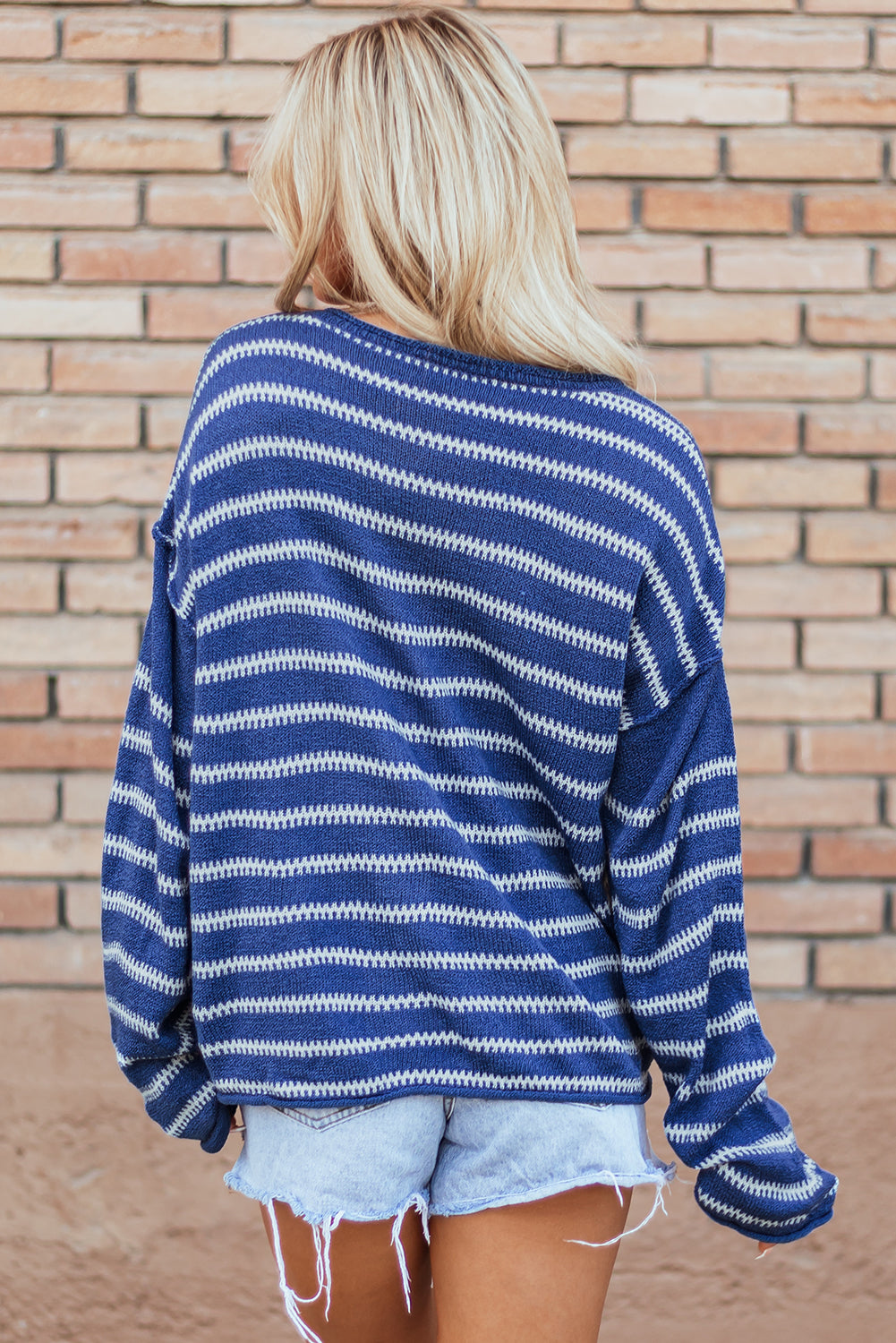 Sky Blue Stripe Drop Shoulder Casual Sweater-Chaelisa's New Jammies