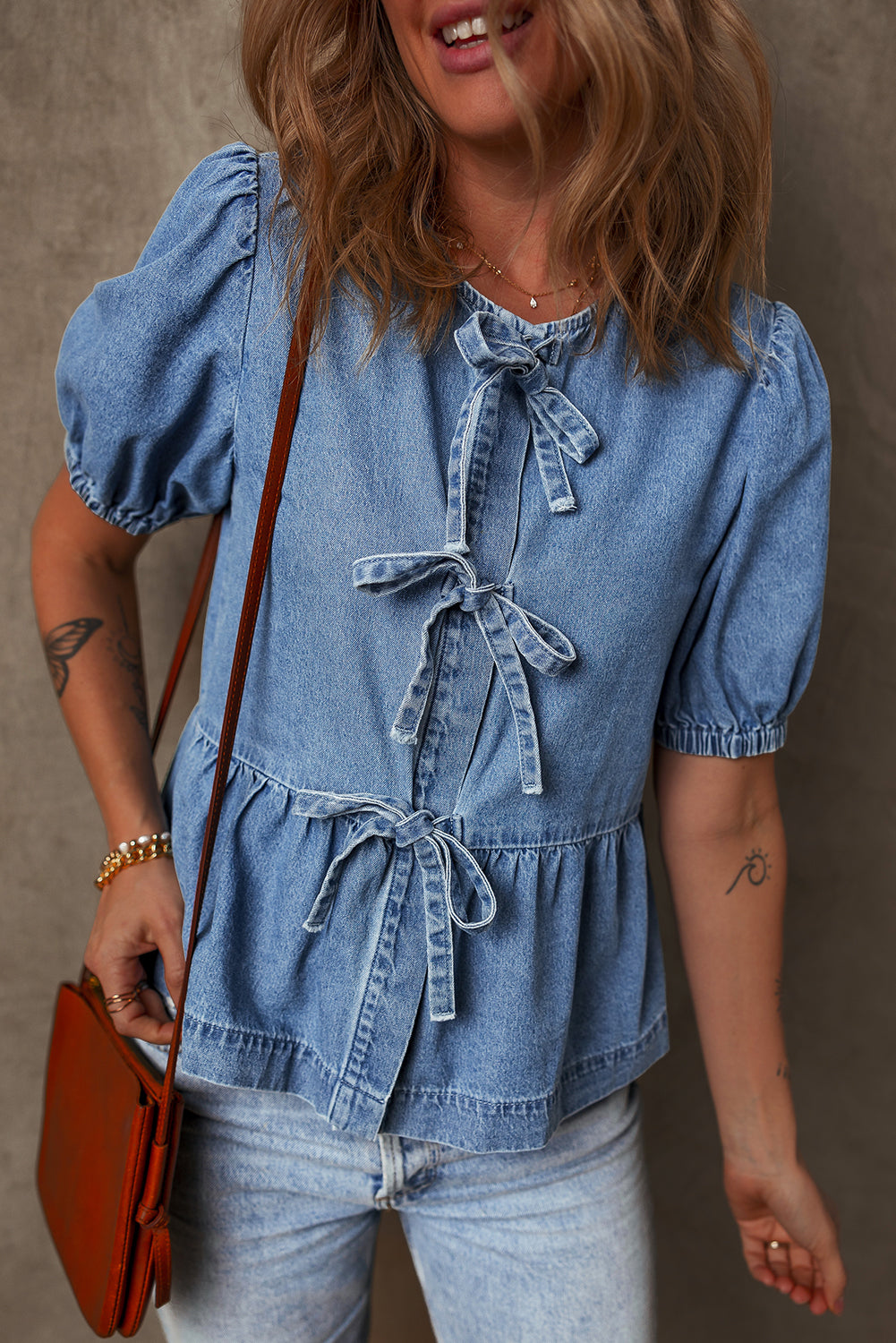 Dusk Blue Tied Front Bubble Sleeve Peplum Denim Shirt-Chaelisa's New Jammies