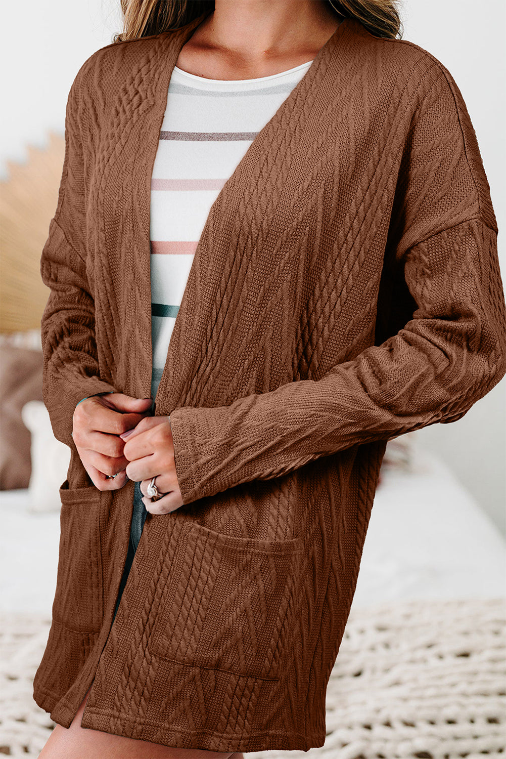 Coffee Solid Textured Open Front Cardigan with Pocket-Chaelisa's New Jammies