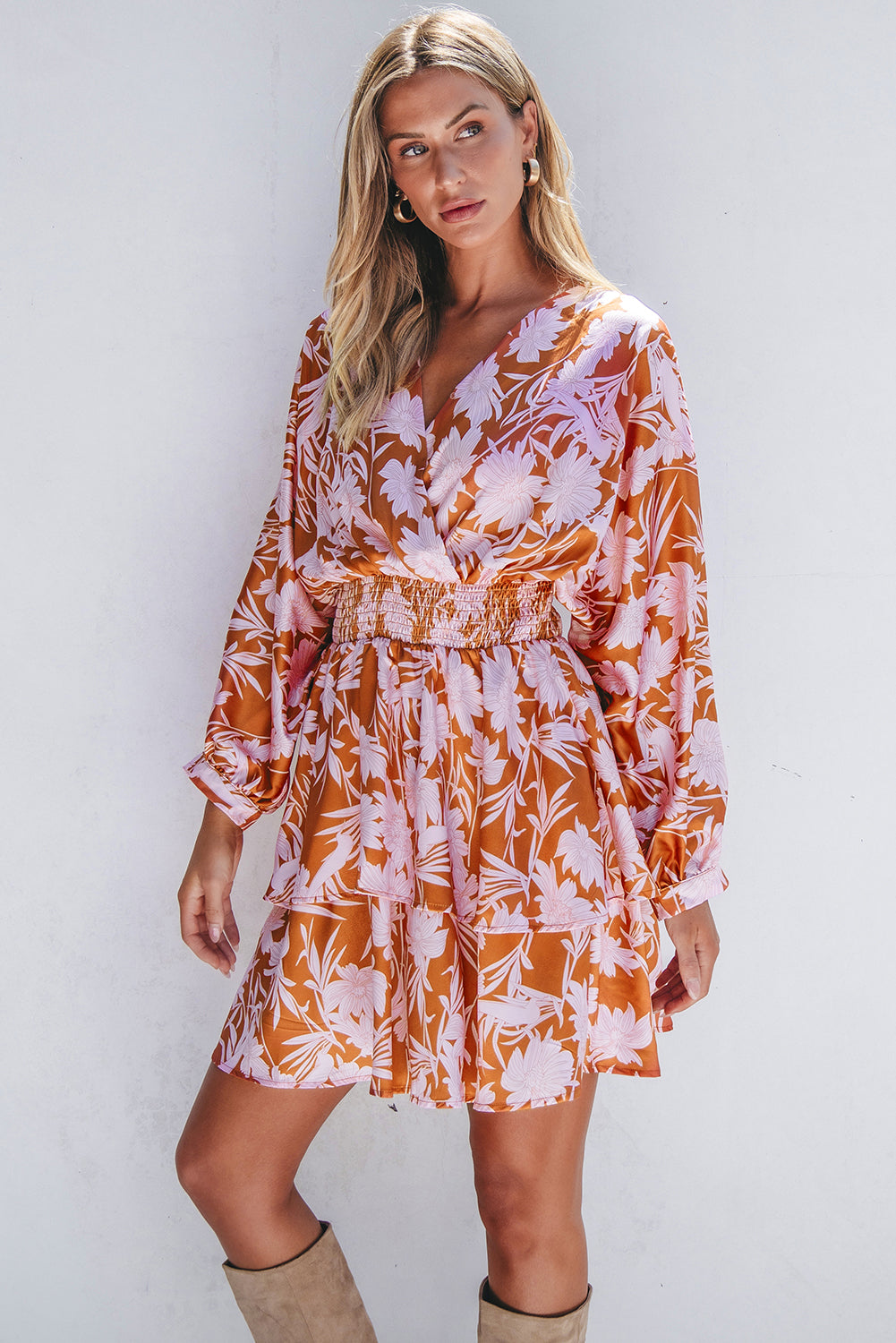 Brown Floral Puff Sleeve Smocked Waist Layered Dress-Chaelisa's New Jammies