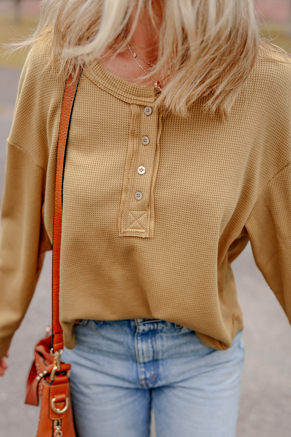 Camel Textured Knit Half Button Drop Shoulder Oversized Top-Chaelisa's New Jammies