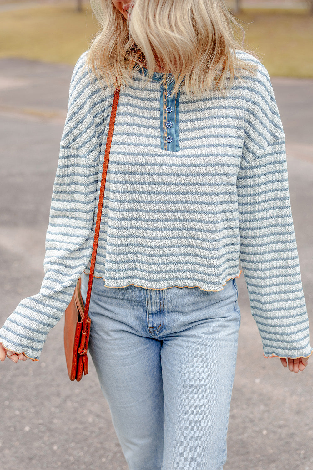Sky Blue Stripe Textured Frilly Trim Buttons Henley Long Sleeve Top-Chaelisa's New Jammies