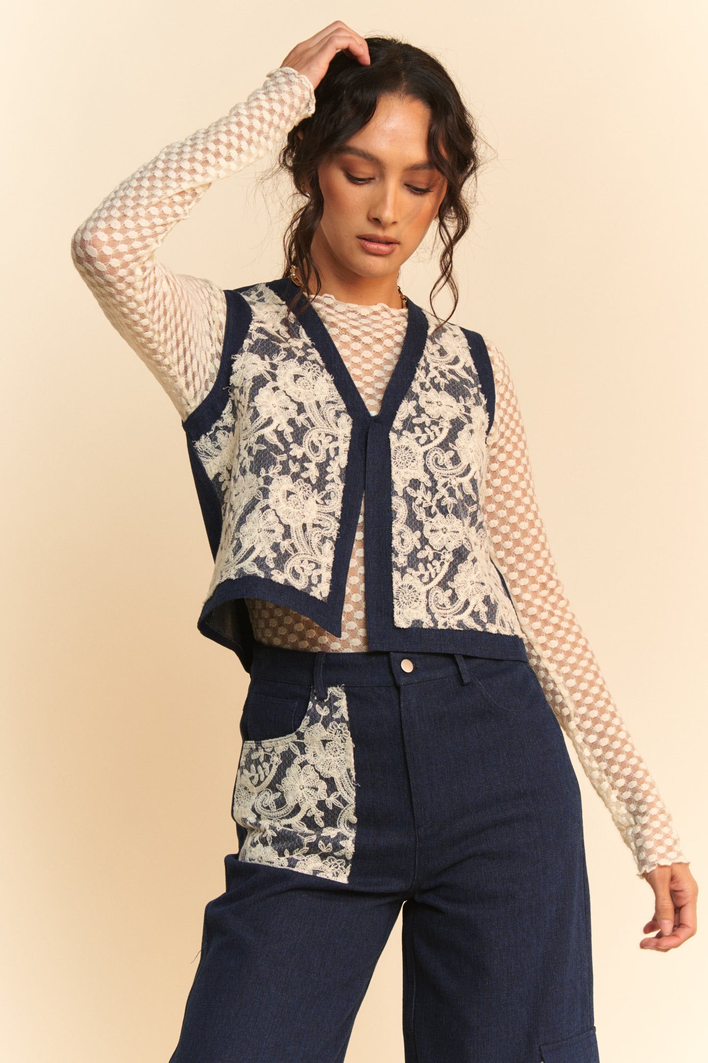 Davi & Dani Lace Patch Open Front Denim Vest-Chaelisa's New Jammies