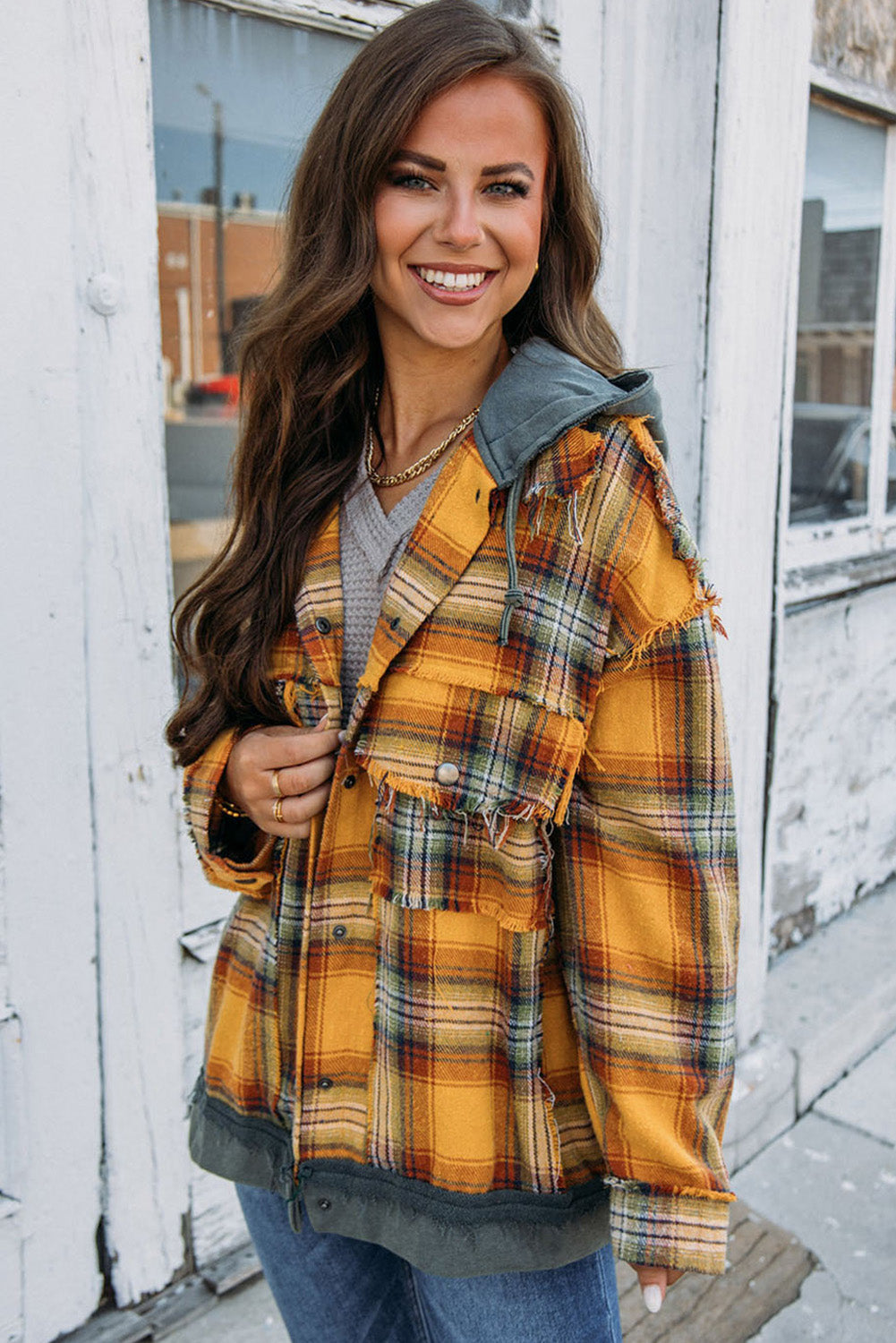 Orange Plaid Patch Hooded Frayed Snap Button Jacket-Chaelisa's New Jammies