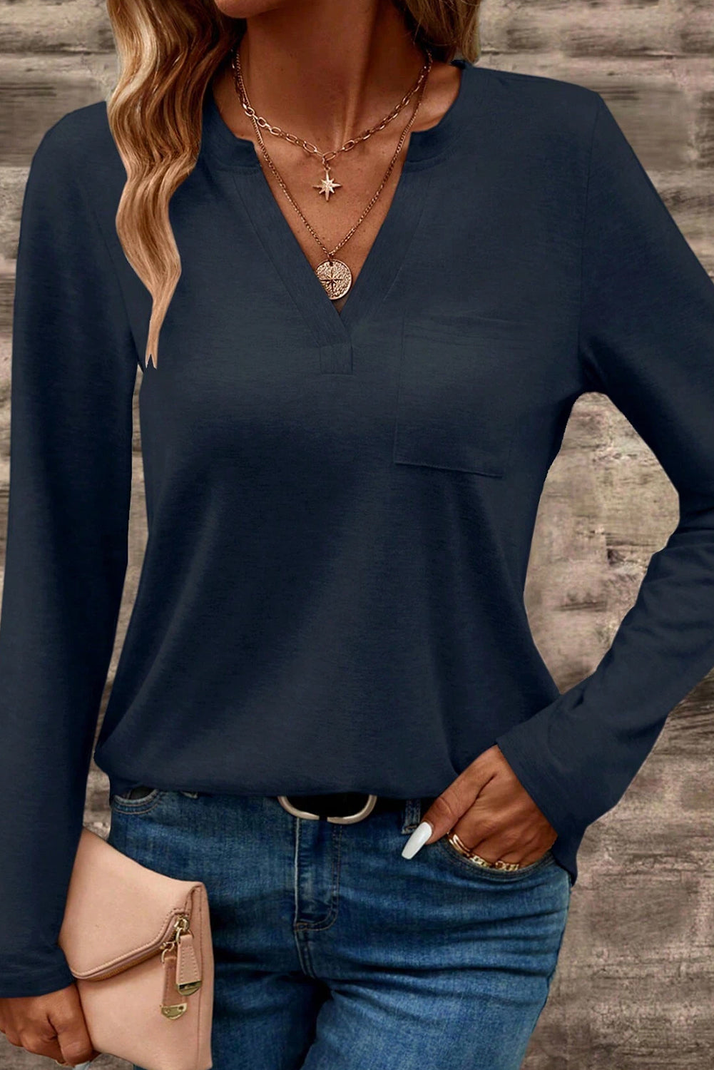 Dirty blue Notch V Neck Pocket Patched Long Sleeve T Shirt-Chaelisa's New Jammies