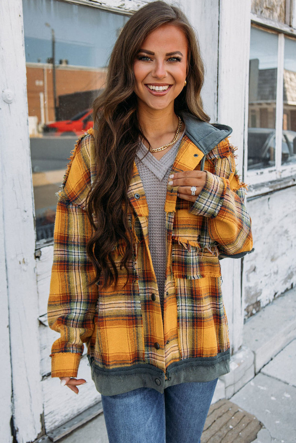 Orange Plaid Patch Hooded Frayed Snap Button Jacket-Chaelisa's New Jammies