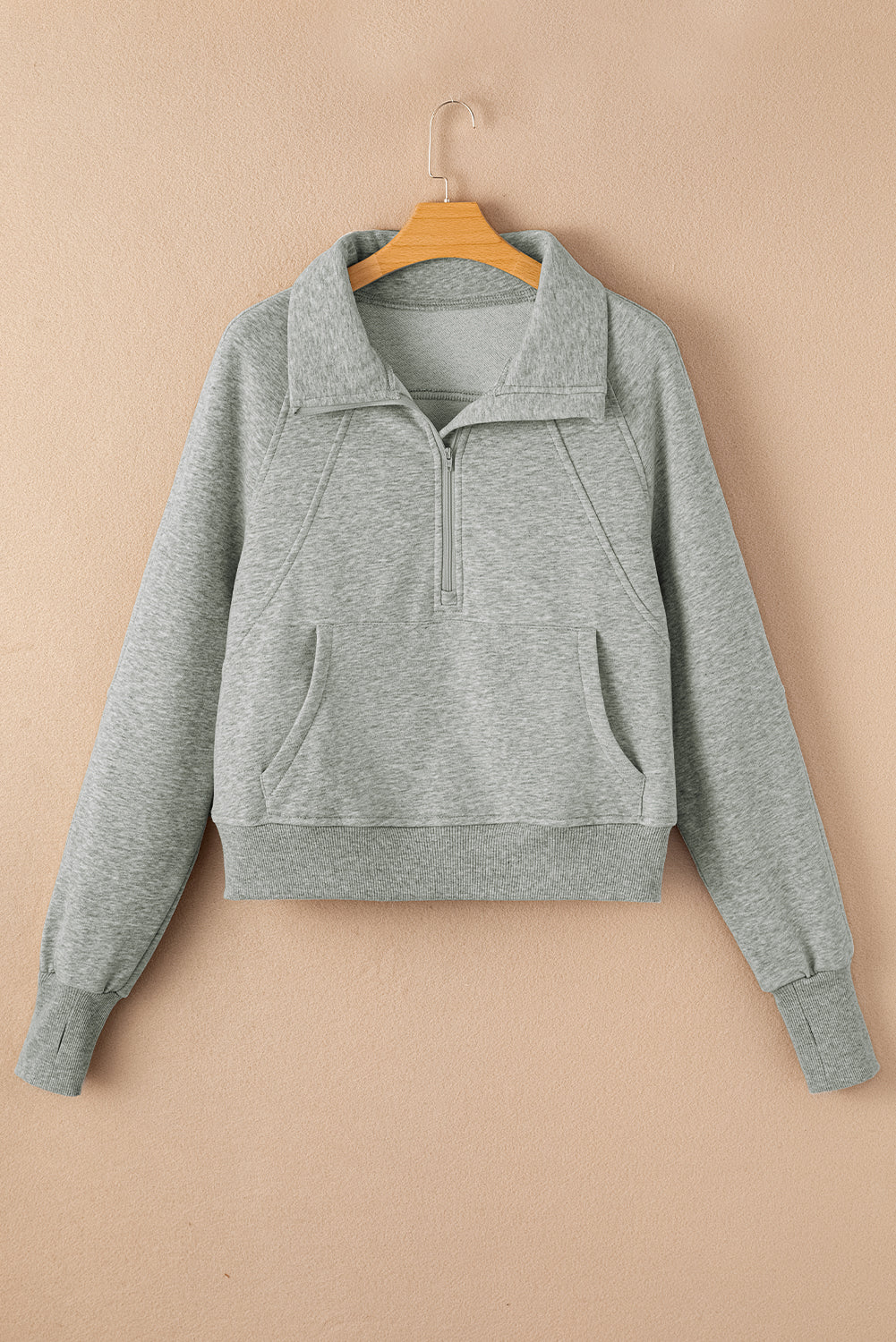 Gray Zip Up Stand Collar Ribbed Thumbhole Sleeve Sweatshirt-Chaelisa's New Jammies