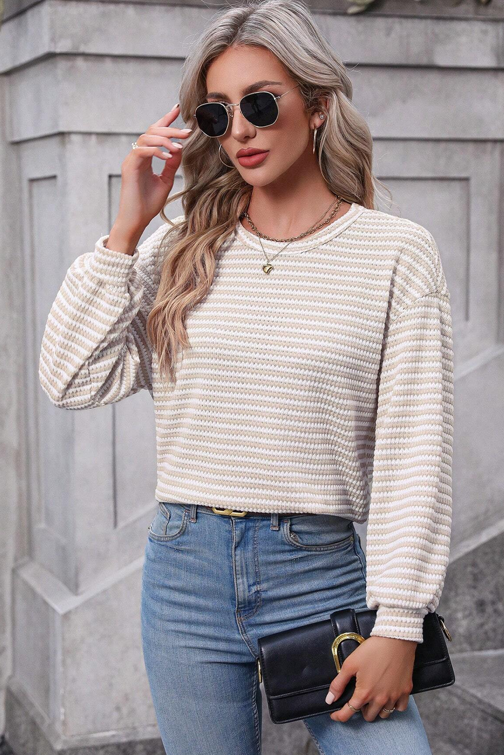 Khaki Stripe Round Neck Drop Shoulder Long Sleeve Top-Chaelisa's New Jammies