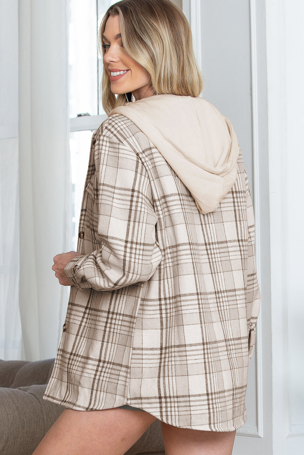 Khaki Plaid Removable Hooded Button Up Jacket-Chaelisa's New Jammies