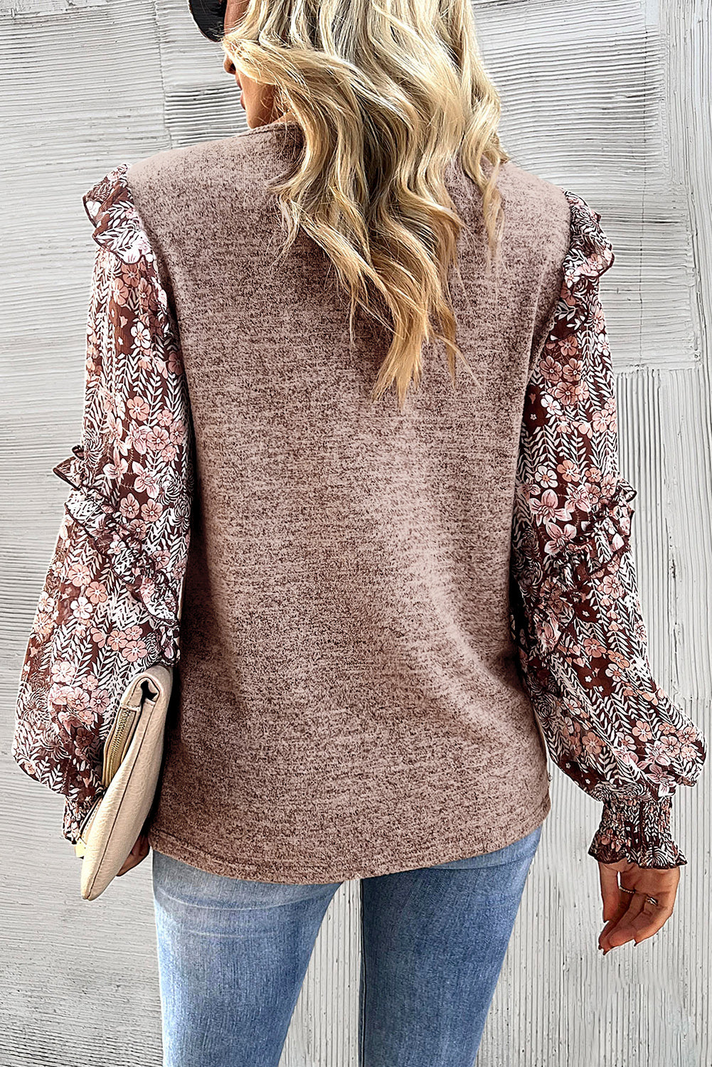 Pale Chestnut Ruffle Tiered Floral Sleeve Crew Neck Blouse-Chaelisa's New Jammies