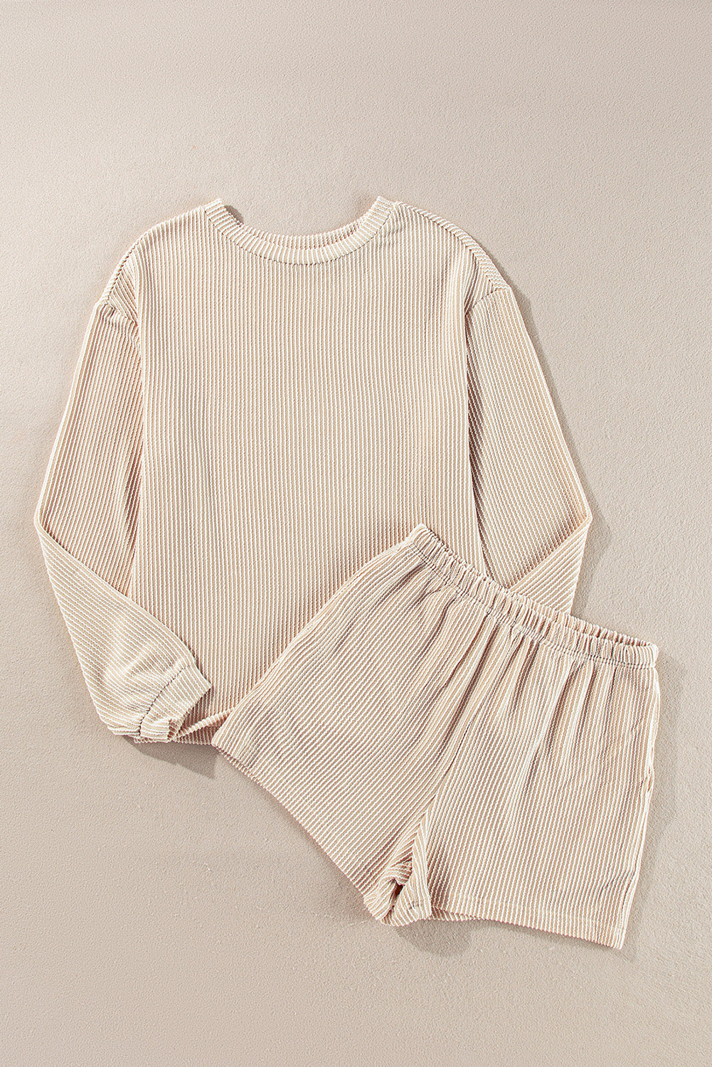 Parchment Corded Knit Long Sleeve Top and High Waist Shorts Set-Chaelisa's New Jammies