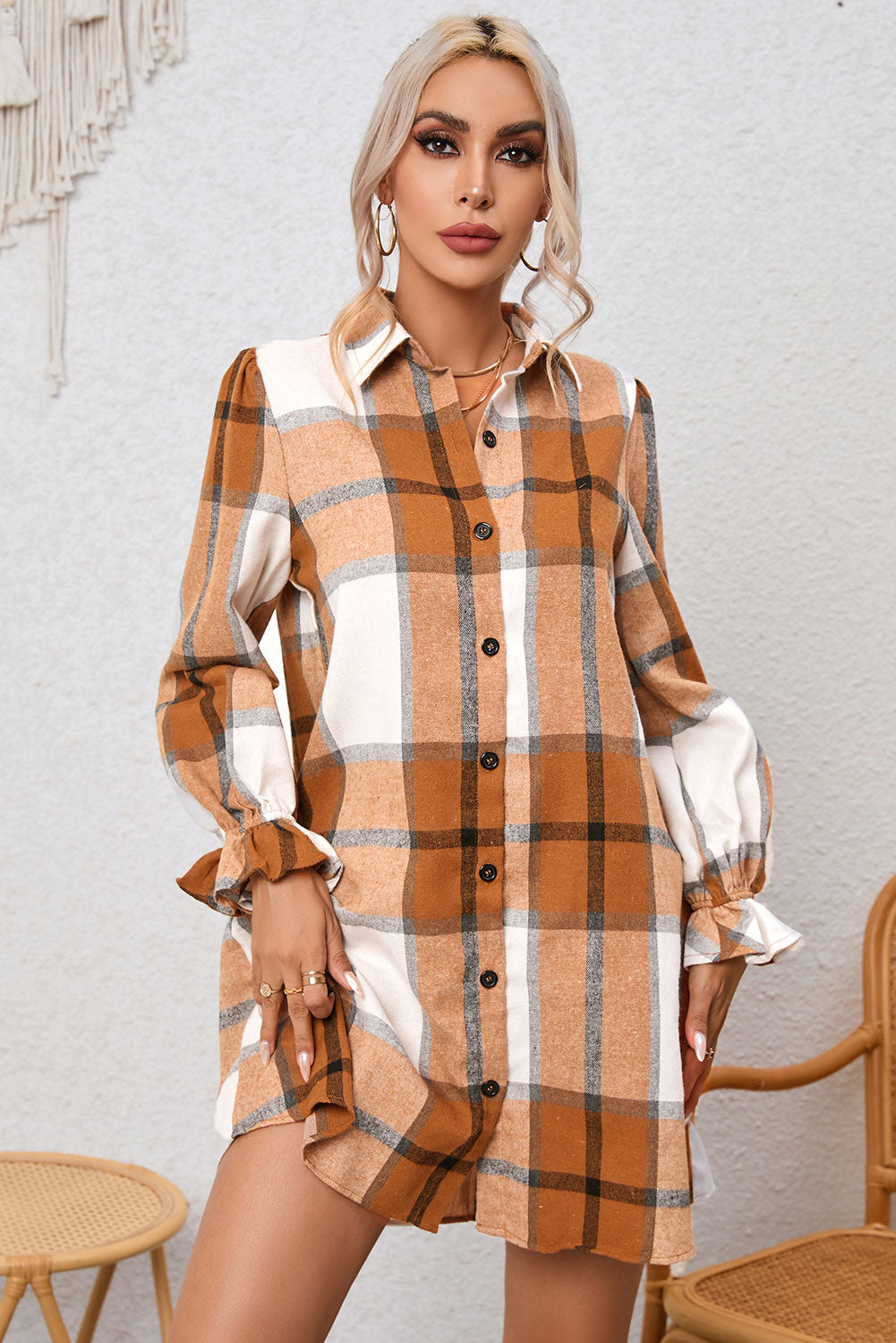 Khaki Plaid Pattern Collared Neck Ruffled Sleeve Shirt Dress-Chaelisa's New Jammies