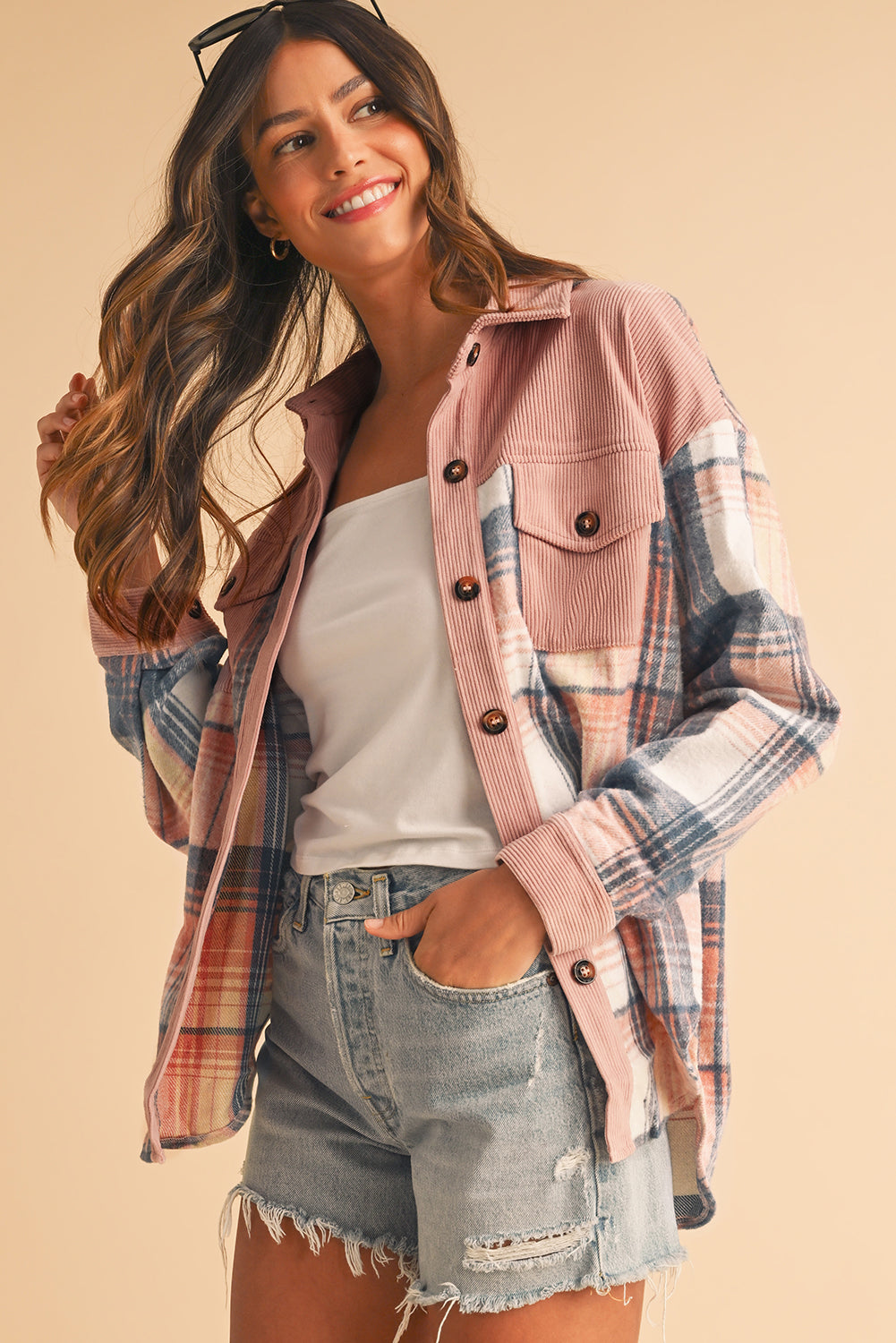 Light Pink Plaid Corduroy Patchwork Pocket Loose Shacket-Chaelisa's New Jammies