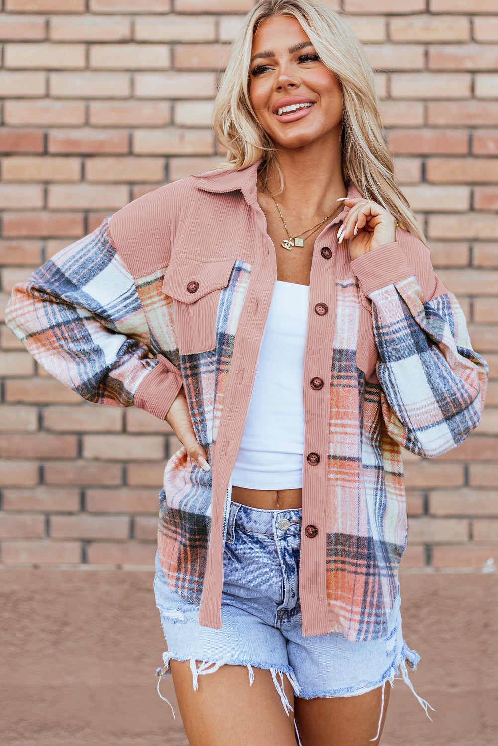 Light Pink Plaid Corduroy Patchwork Pocket Loose Shacket-Chaelisa's New Jammies