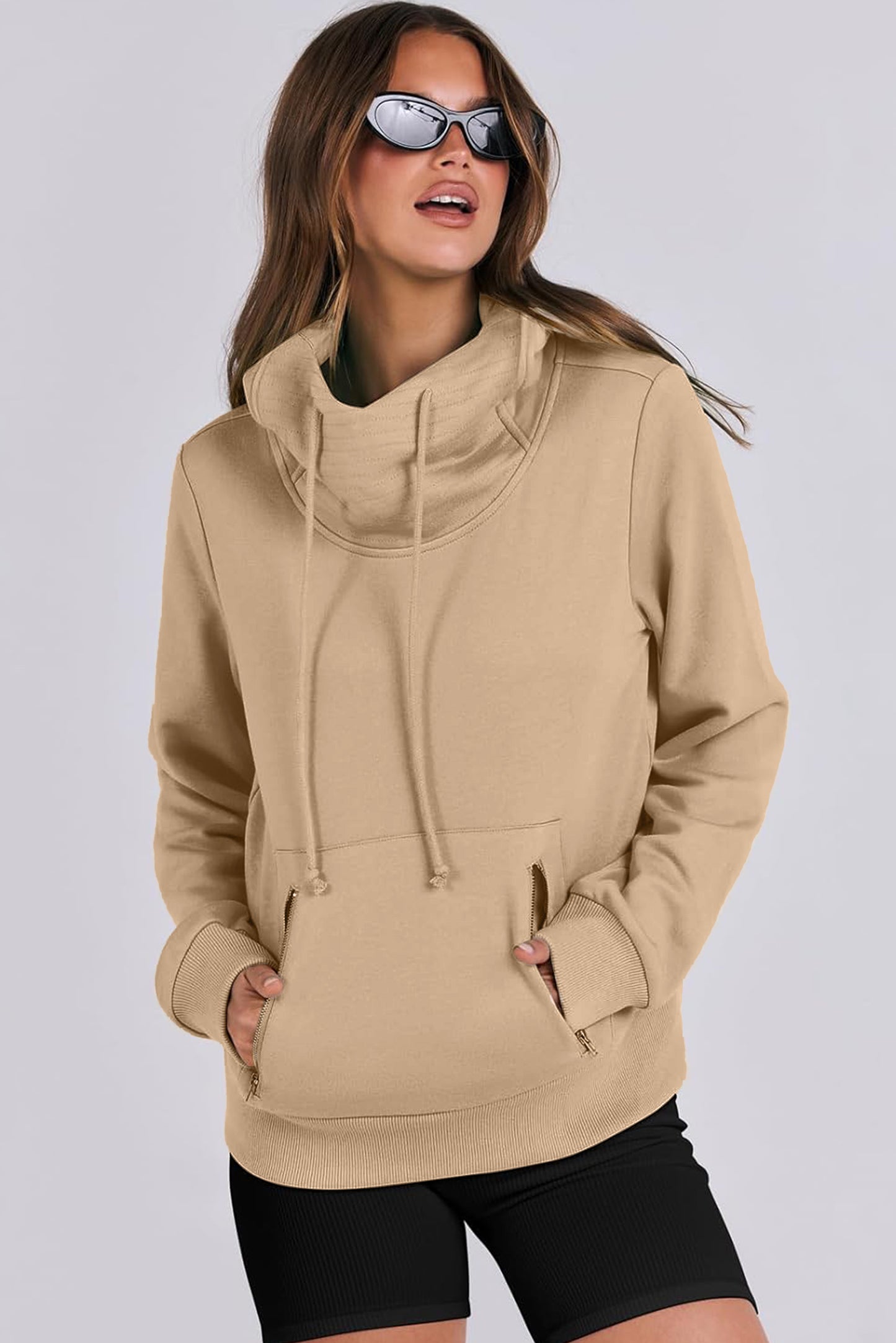 Parchment Zipped Pocket Cozy Drawstring Hoodie-Chaelisa's New Jammies