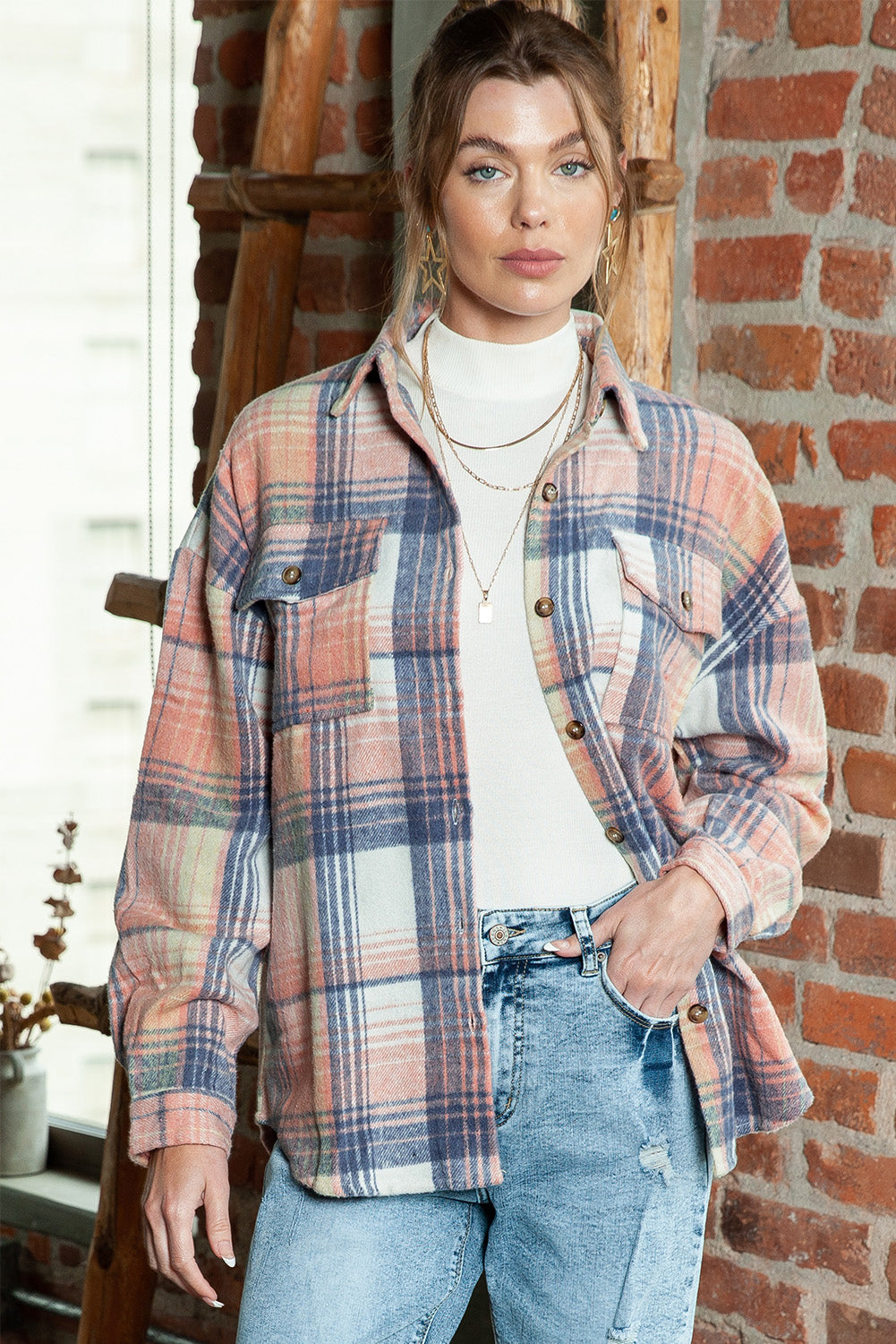 Pink & Grey Plaid Button Up Collared Flannel Shacket-Chaelisa's New Jammies