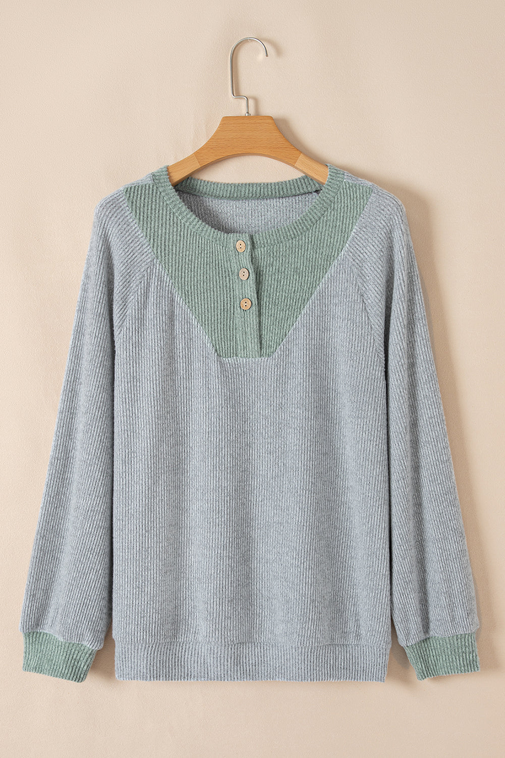 Light Grey Color Contrast Ribbed Loose Fit Long Sleeve Top-Chaelisa's New Jammies