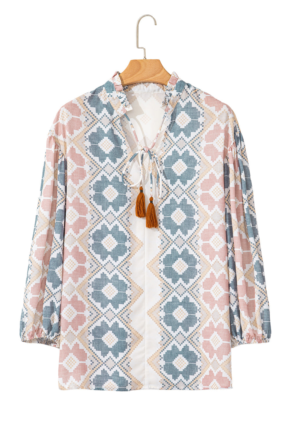 Khaki Geometric Print Tassel Tie Split Neck Balloon Sleeve Blouse-Chaelisa's New Jammies