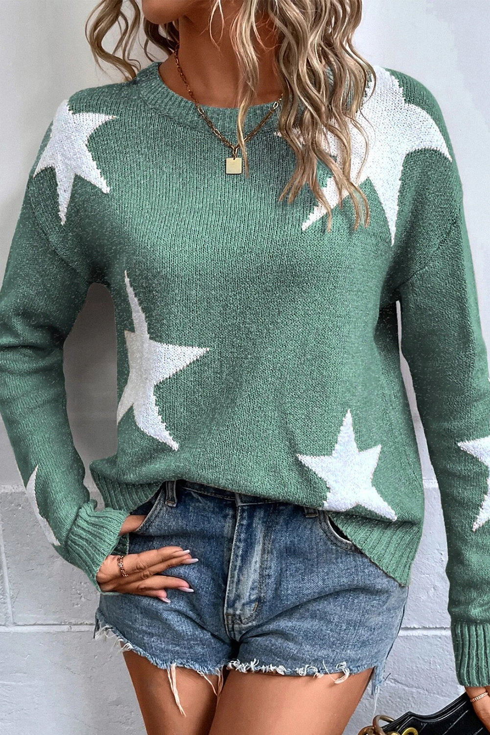 Khaki Star Pattern Drop Shoulder Knit Sweater-Chaelisa's New Jammies