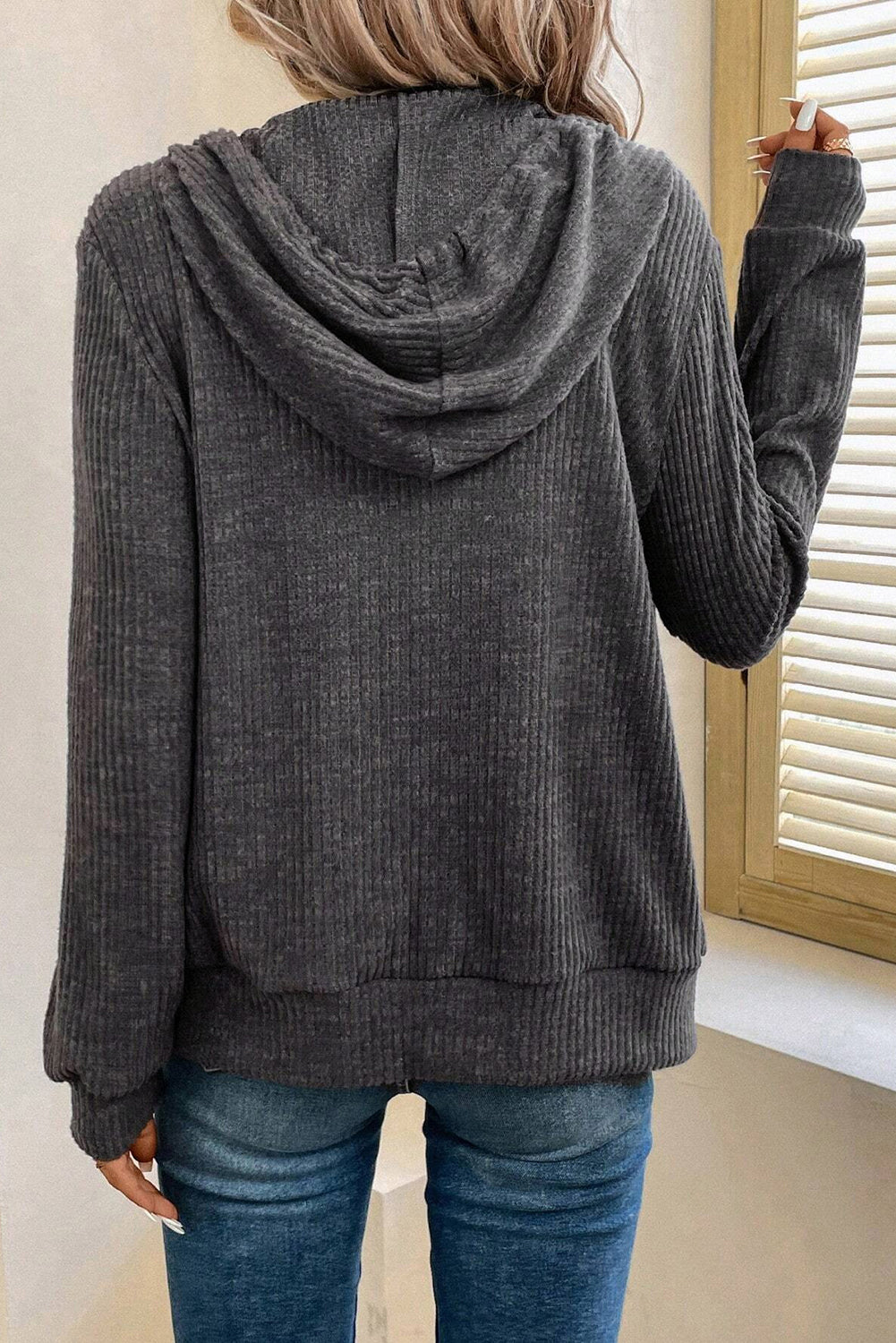 Dark Grey Ribbed Zip Up Front Drawstring Hoodie-Chaelisa's New Jammies