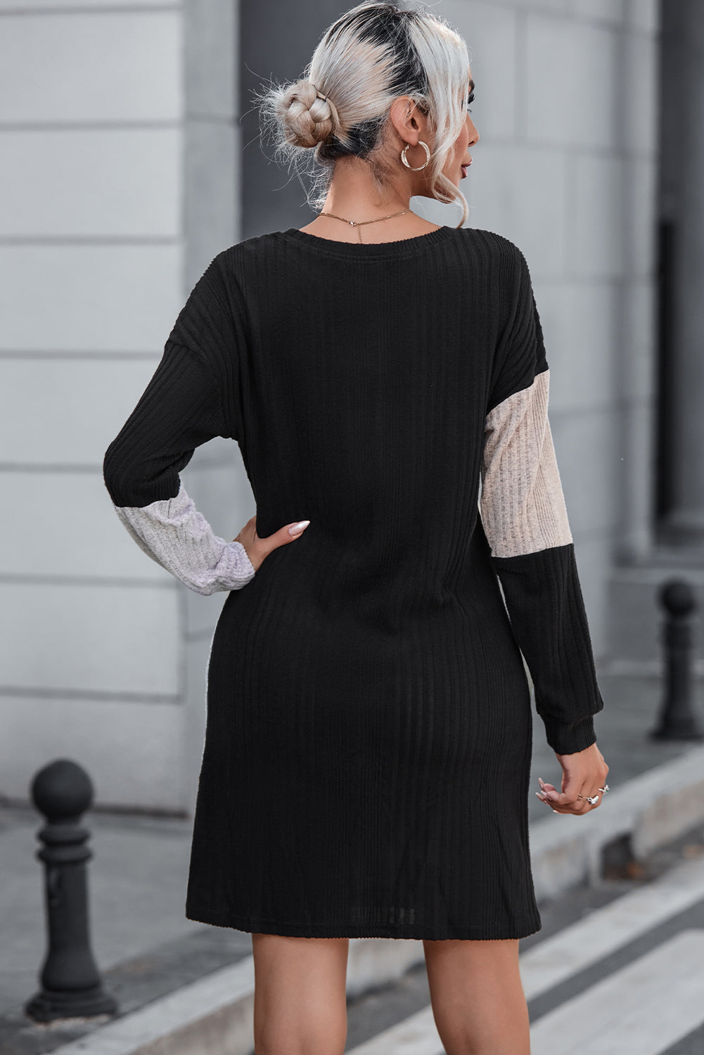 Black Ribbed Color Block Drop Shoulder Long Sleeve Mini Dress-Chaelisa's New Jammies