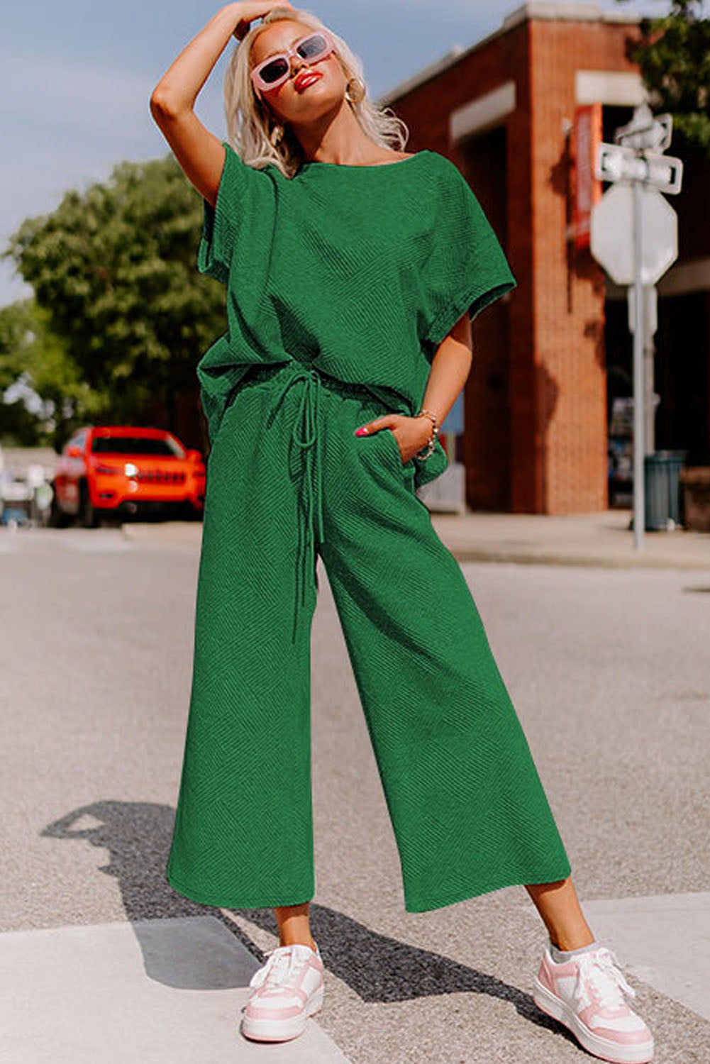 Dark Green Textured Loose Fit T Shirt and Drawstring Pants Set-Chaelisa's New Jammies