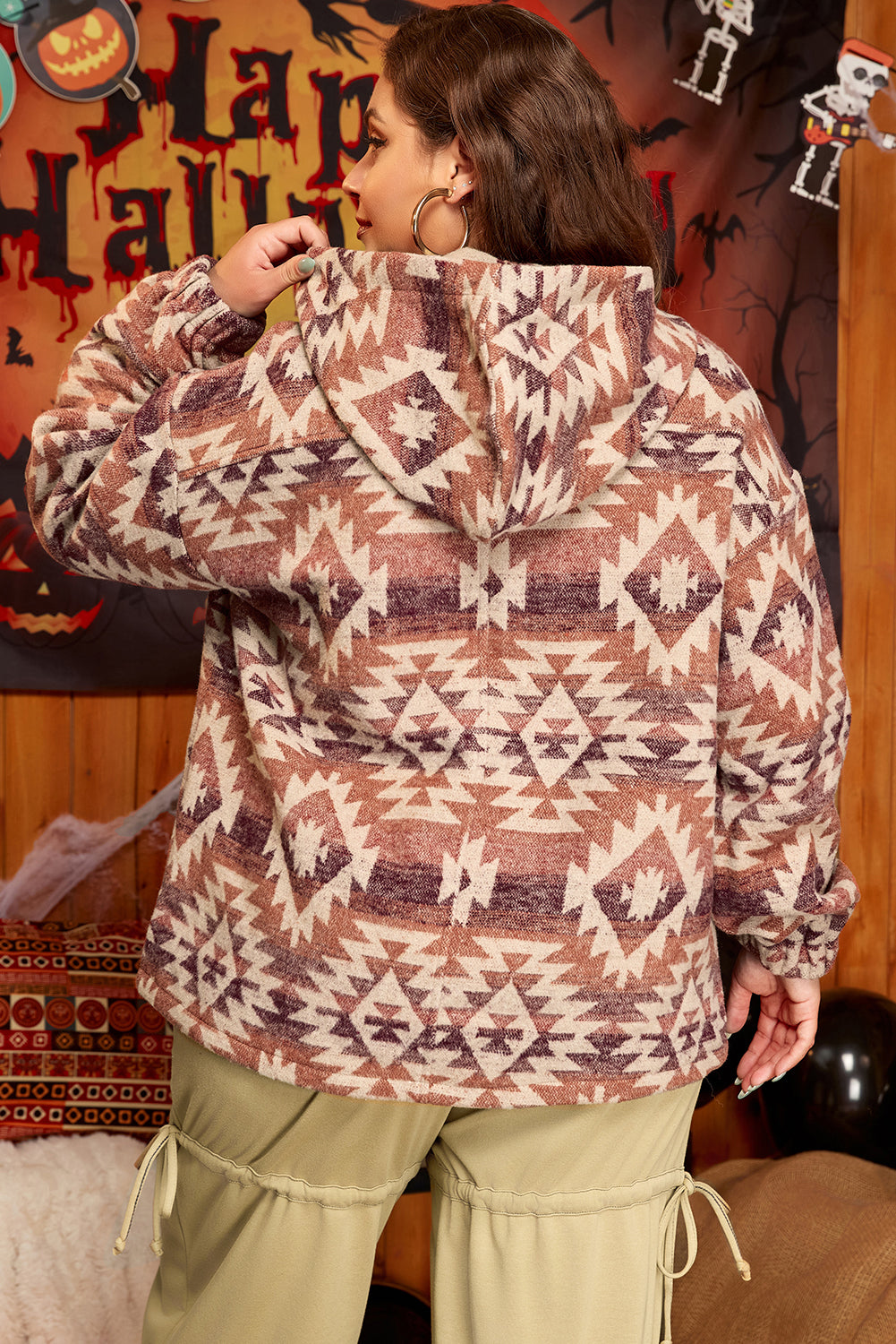 Red Plus Size Western Fashion Aztec Patterned Half Zip High Neck Hoodie-Chaelisa's New Jammies