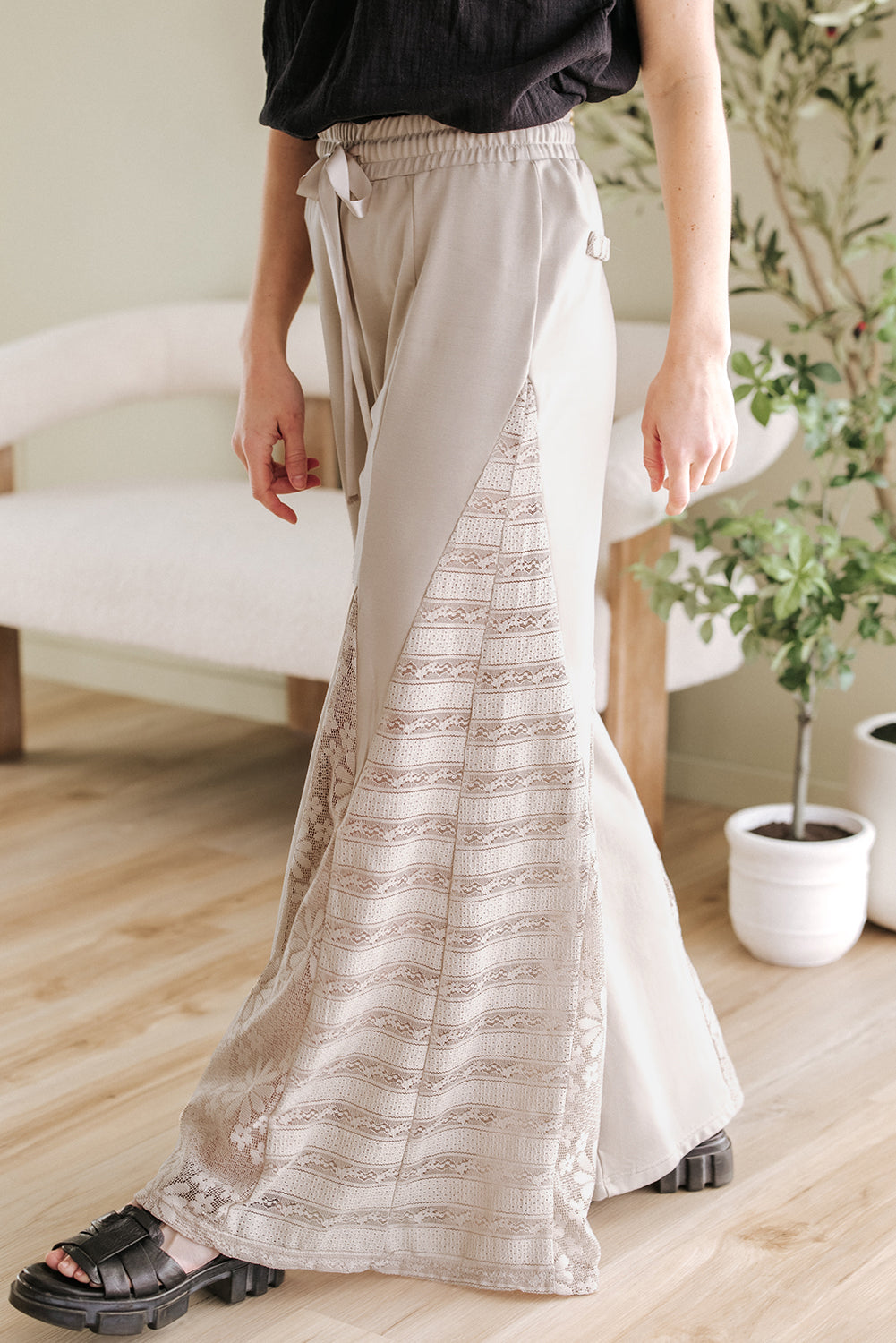 Smoke Gray Boho Lace Patchwork Wide Leg High Waist Pants-Chaelisa's New Jammies