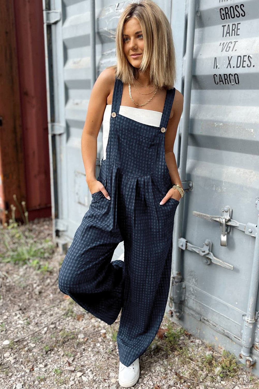 Sail Blue Plaid Print Buttoned Pocketed High Waist Overall-Chaelisa's New Jammies