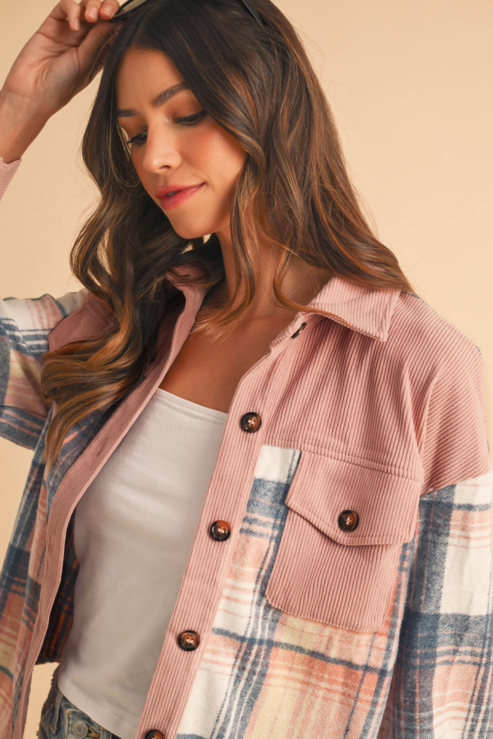 Light Pink Plaid Corduroy Patchwork Pocket Loose Shacket-Chaelisa's New Jammies