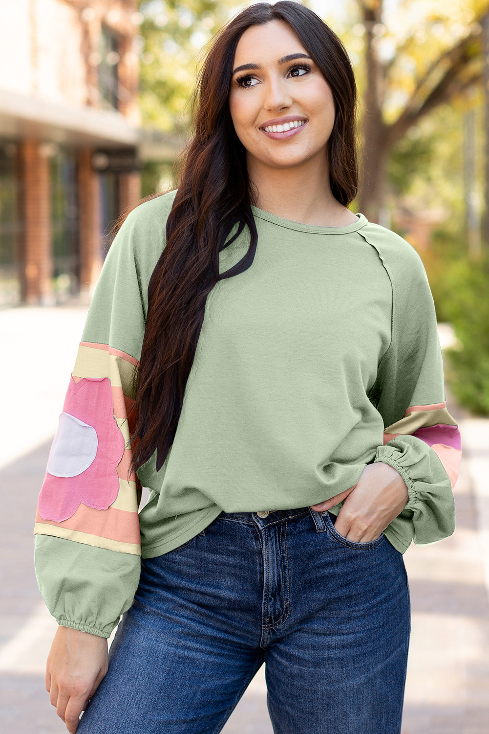 Smoke Green Flower Patchwork Raglan Sleeve Exposed Seam Oversized Top-Chaelisa's New Jammies