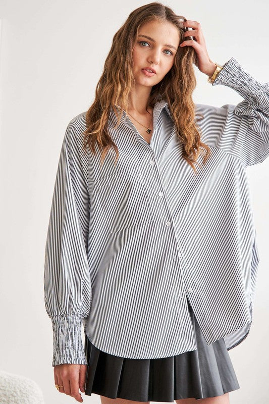 ADORA High-Low Striped Button Down Smocked Lantern Sleeve Shirt-Chaelisa's New Jammies