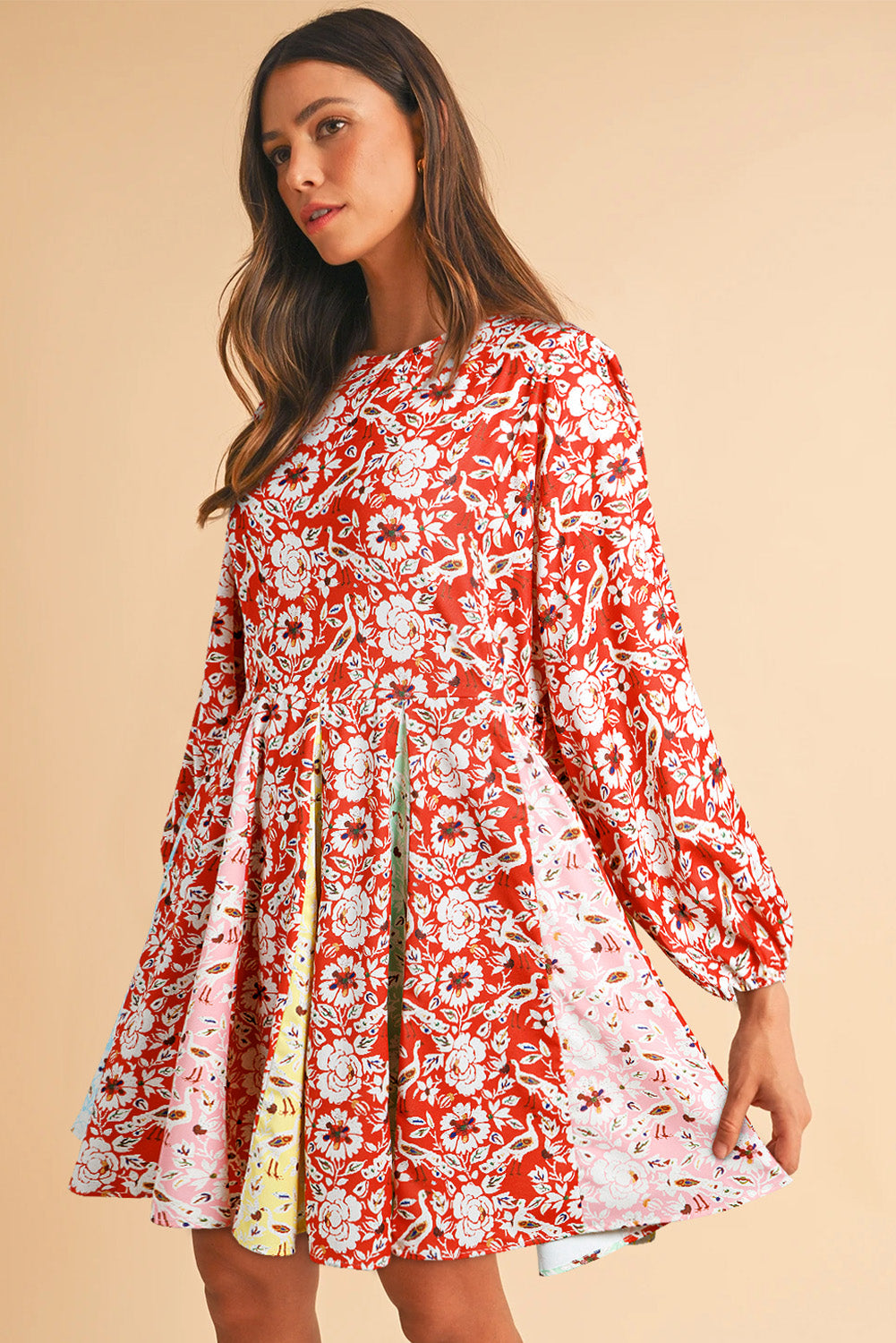 Red Colorful Floral Patchwork Long Sleeve Pleated Mini Dress-Chaelisa's New Jammies