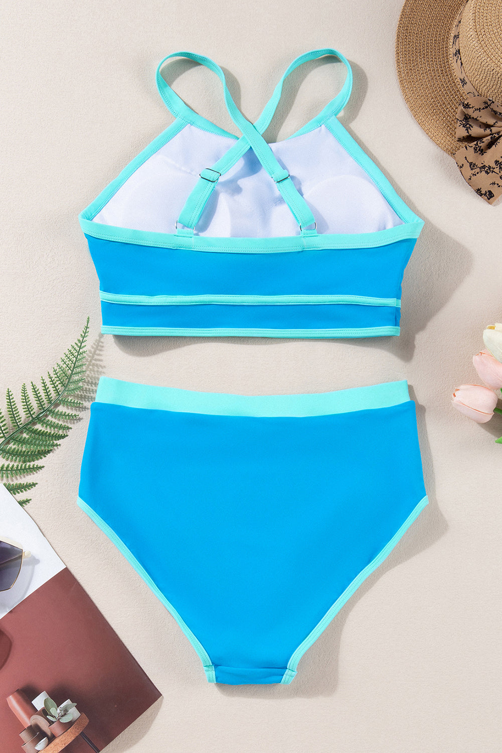 Blue Contrast Trim Crisscross Back High Waisted Bikini-Chaelisa's New Jammies