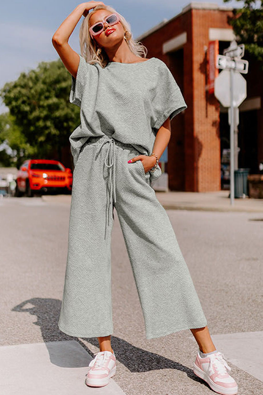 Gray Textured Loose Fit T Shirt and Drawstring Pants Set-Chaelisa's New Jammies