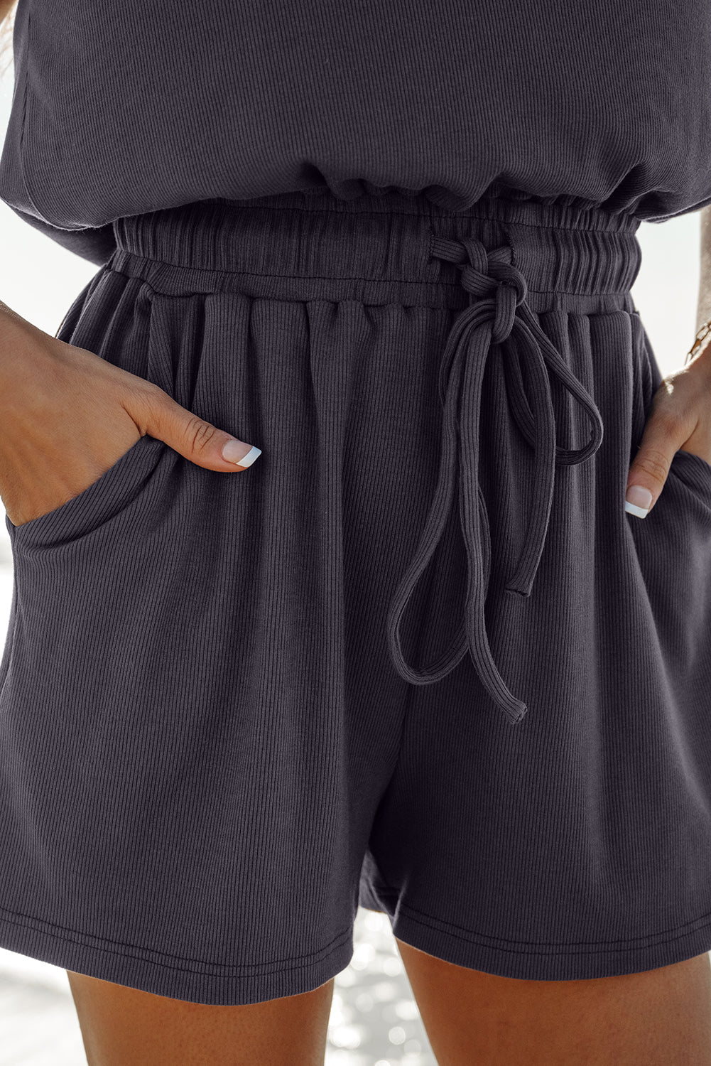 Bristol Black Knit Open Back Cap Sleeve Drawstring Romper-Chaelisa's New Jammies