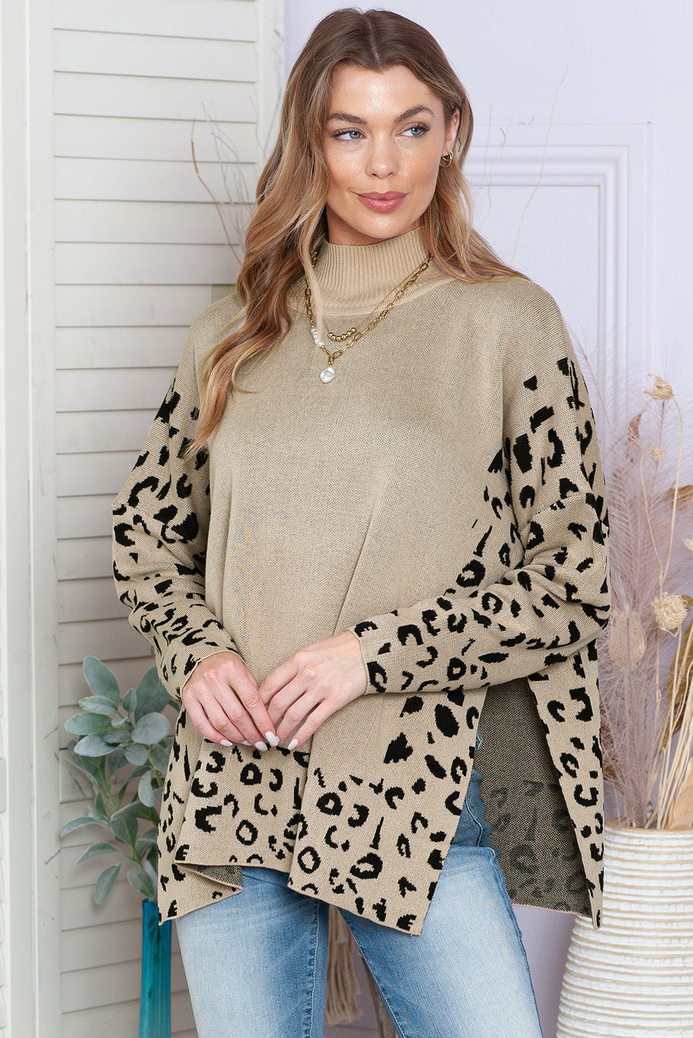 Khaki Leopard Casual Side Slit High Neck Oversized Sweater-Chaelisa's New Jammies